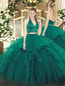 Floor Length Zipper 15 Quinceanera Dress Dark Green for Military Ball and Sweet 16 and Quinceanera with Ruffles