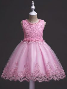 Classical Rose Pink Tulle Zipper Little Girl Pageant Gowns Sleeveless Knee Length Lace