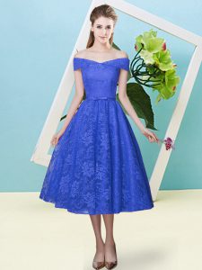 Cap Sleeves Lace Tea Length Lace Up Court Dresses for Sweet 16 in Blue with Bowknot