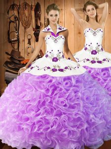 Halter Top Sleeveless Fabric With Rolling Flowers Quinceanera Gown Embroidery Lace Up