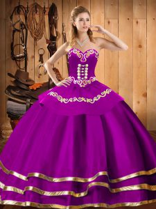 Simple Fuchsia Organza Lace Up Sweetheart Sleeveless Floor Length Military Ball Dresses For Women Embroidery