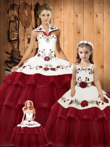 Fitting Wine Red Halter Top Lace Up Embroidery and Ruffled Layers Sweet 16 Quinceanera Dress Brush Train Sleeveless