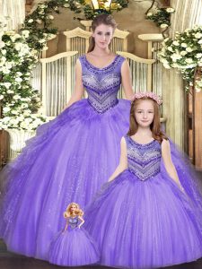 Sleeveless Tulle Floor Length Lace Up 15 Quinceanera Dress in Eggplant Purple with Beading and Ruffles
