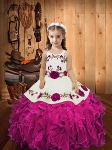 Stunning Fuchsia Straps Lace Up Embroidery and Ruffles Little Girls Pageant Dress Wholesale Sleeveless