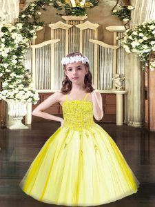 Adorable Floor Length Yellow Pageant Dress for Teens Spaghetti Straps Sleeveless Lace Up
