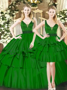 Floor Length Dark Green Quinceanera Dress Organza Sleeveless Beading and Ruching