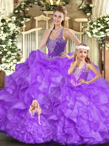 Designer Sleeveless Organza Floor Length Lace Up Sweet 16 Quinceanera Dress in Eggplant Purple with Beading and Ruffles