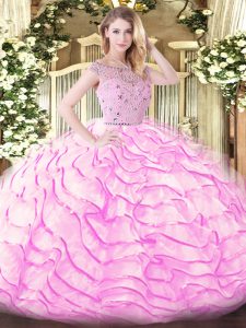 Lilac Tulle Zipper Bateau Sleeveless Quinceanera Gowns Sweep Train Beading and Ruffled Layers