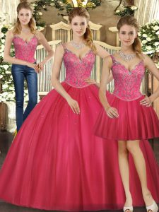 Hot Pink Lace Up Quinceanera Dresses Beading Sleeveless Floor Length