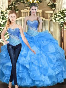 Baby Blue Lace Up Quinceanera Dresses Beading and Ruffles Sleeveless Floor Length