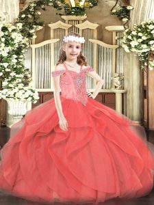 Stylish Coral Red Ball Gowns Off The Shoulder Sleeveless Tulle Floor Length Lace Up Beading and Ruffles Pageant Dress Wholesale