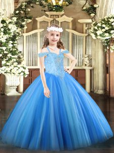 Unique Baby Blue Ball Gowns Beading Pageant Gowns Lace Up Tulle Sleeveless Floor Length