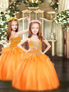 Orange Sleeveless Floor Length Beading Lace Up Kids Formal Wear