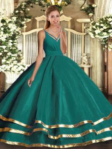 V-neck Sleeveless Sweet 16 Quinceanera Dress Floor Length Ruffled Layers Turquoise Organza