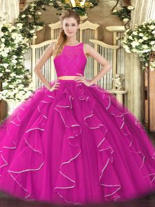 Fantastic Fuchsia Vestidos de Quinceanera Military Ball and Sweet 16 and Quinceanera with Lace and Ruffles Scoop Sleeveless Zipper