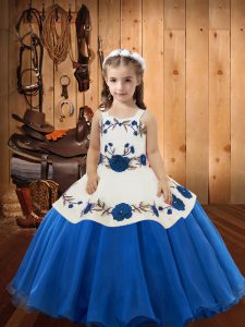 Floor Length Blue Winning Pageant Gowns Organza Sleeveless Embroidery