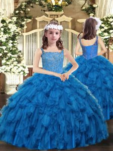 Blue Ball Gowns Straps Sleeveless Organza Floor Length Lace Up Beading and Ruffles Pageant Dress Toddler