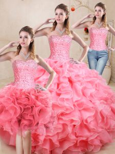 Flare Watermelon Red Sweetheart Lace Up Beading and Ruffles Military Ball Gowns Sleeveless