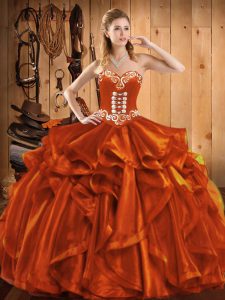 Edgy Organza Sweetheart Sleeveless Lace Up Embroidery Sweet 16 Quinceanera Dress in Rust Red