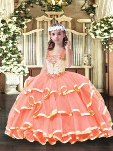 On Sale Sleeveless Floor Length Beading and Ruffled Layers Lace Up Pageant Dresses with Orange Red