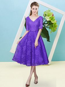 Purple Lace Lace Up V-neck Half Sleeves Tea Length Quinceanera Court Dresses Bowknot