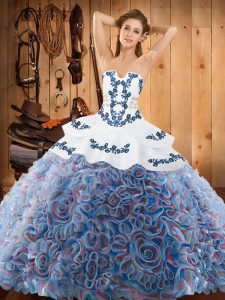 Sexy Multi-color Ball Gowns Satin and Fabric With Rolling Flowers Strapless Sleeveless Embroidery With Train Lace Up Quinceanera Dress Sweep Train