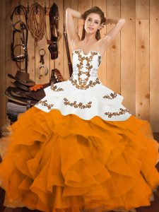 Comfortable Floor Length Gold Quince Ball Gowns Satin and Organza Sleeveless Embroidery and Ruffles