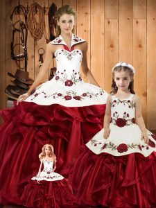 Vintage Wine Red Sleeveless Embroidery and Ruffles Floor Length Quince Ball Gowns