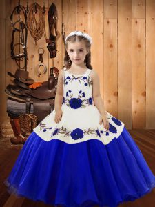 Floor Length Lace Up Evening Gowns Blue for Sweet 16 and Quinceanera with Embroidery