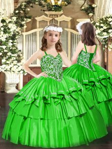 Green Straps Neckline Beading and Ruffled Layers Little Girl Pageant Dress Sleeveless Lace Up