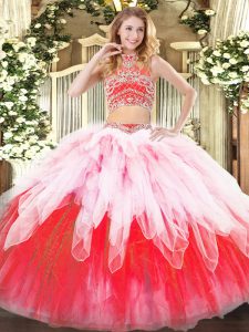 Designer Multi-color High-neck Backless Beading and Ruffles Quinceanera Gowns Sleeveless