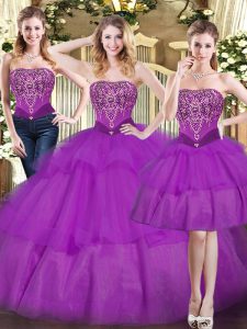 Strapless Sleeveless Tulle Quinceanera Gown Beading and Ruffled Layers Lace Up
