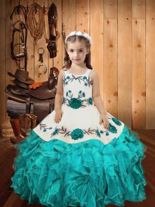 Organza Straps Sleeveless Lace Up Embroidery and Ruffles Kids Pageant Dress in Aqua Blue