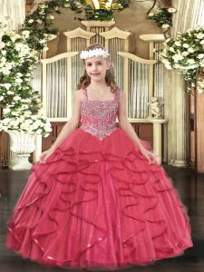 Floor Length Ball Gowns Sleeveless Coral Red Pageant Dresses Lace Up