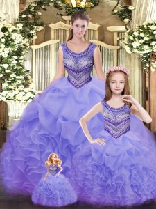 Comfortable Sleeveless Organza Floor Length Lace Up Quinceanera Gowns in Lavender with Beading and Ruffles