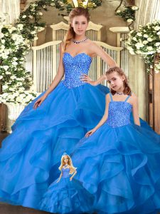 Eye-catching Blue Tulle Lace Up Sweetheart Sleeveless Floor Length Sweet 16 Dresses Beading and Ruffles