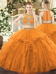 Orange Sleeveless Tulle Zipper Military Ball Dresses for Military Ball and Sweet 16 and Quinceanera