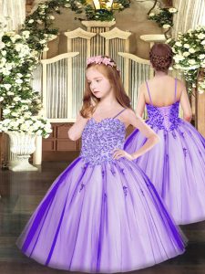 Lavender Spaghetti Straps Neckline Appliques Winning Pageant Gowns Sleeveless Lace Up