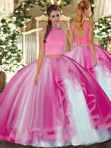 Hot Pink Two Pieces Halter Top Sleeveless Tulle Floor Length Backless Beading and Ruffles Quinceanera Dresses