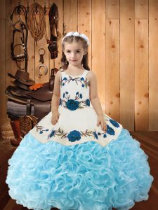 Inexpensive Baby Blue Fabric With Rolling Flowers Lace Up Straps Sleeveless Floor Length Pageant Gowns Beading and Ruffles