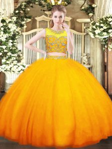 Luxury Orange Zipper Quinceanera Gown Beading Sleeveless Floor Length