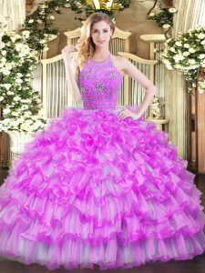 Glittering Lilac Vestidos de Quinceanera Military Ball and Sweet 16 and Quinceanera with Beading and Ruffled Layers Halter Top Sleeveless Zipper