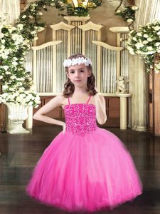 Rose Pink Tulle Lace Up Little Girls Pageant Dress Wholesale Sleeveless Floor Length Beading