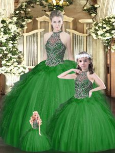 Decent Sleeveless Tulle Floor Length Lace Up Quinceanera Gowns in Green with Beading and Ruffles