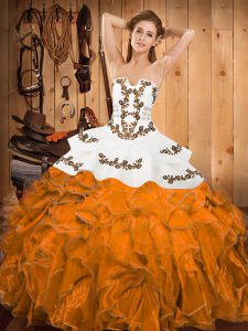 Gorgeous Embroidery and Ruffles Quinceanera Dress Orange Lace Up Sleeveless Floor Length