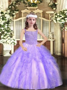 Trendy Tulle Straps Sleeveless Lace Up Beading and Ruffles Custom Made Pageant Dress in Lavender