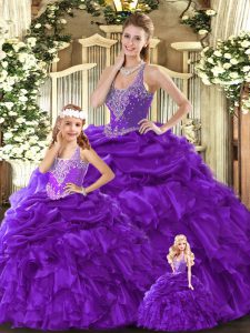 Glamorous Purple Organza Lace Up Straps Sleeveless Floor Length 15 Quinceanera Dress Beading and Ruffles