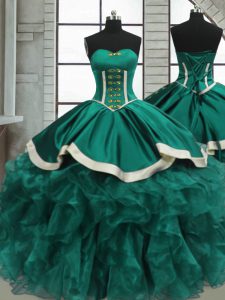 Nice Turquoise Ball Gowns Beading and Ruffles Ball Gown Prom Dress Lace Up Organza Sleeveless Floor Length