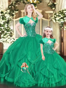Floor Length Lace Up Sweet 16 Dresses Turquoise for Military Ball and Sweet 16 and Quinceanera with Beading and Ruffles