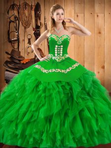 Stylish Green Lace Up Sweetheart Embroidery and Ruffles Quinceanera Dress Satin and Organza Sleeveless